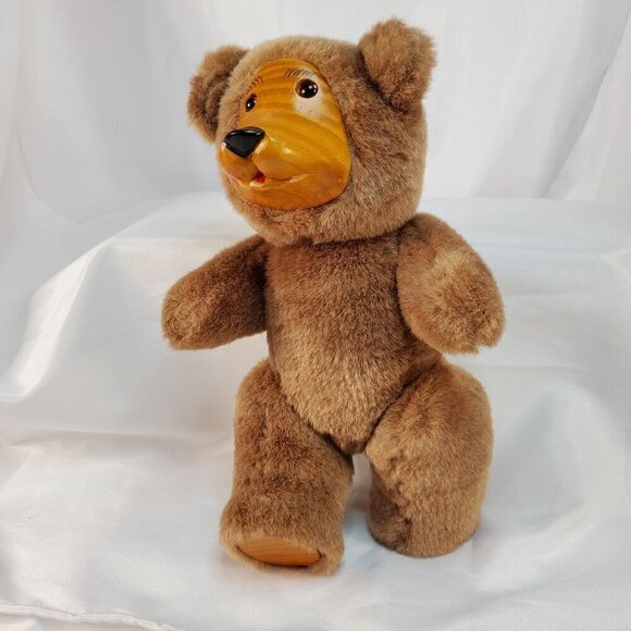 Vintage FTD Wood Face Teddy Bear Brown Plush Jointed Arms and Legs 9.5 inches - Picture 4 of 8